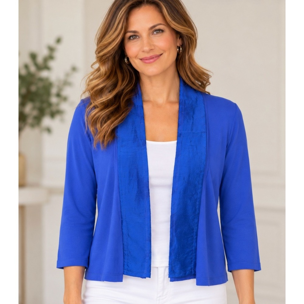 Chicos Easywear Royal Blue Ruffle Trim Open Front Cardigan Sweater Size 2 Large